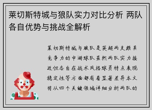 莱切斯特城与狼队实力对比分析 两队各自优势与挑战全解析