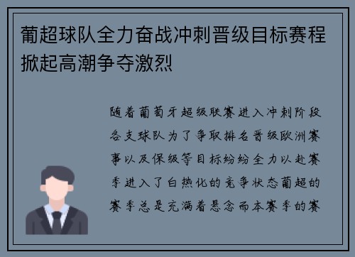 葡超球队全力奋战冲刺晋级目标赛程掀起高潮争夺激烈 葡超球队全力奋战冲刺晋级目标赛程掀起高潮争夺激烈